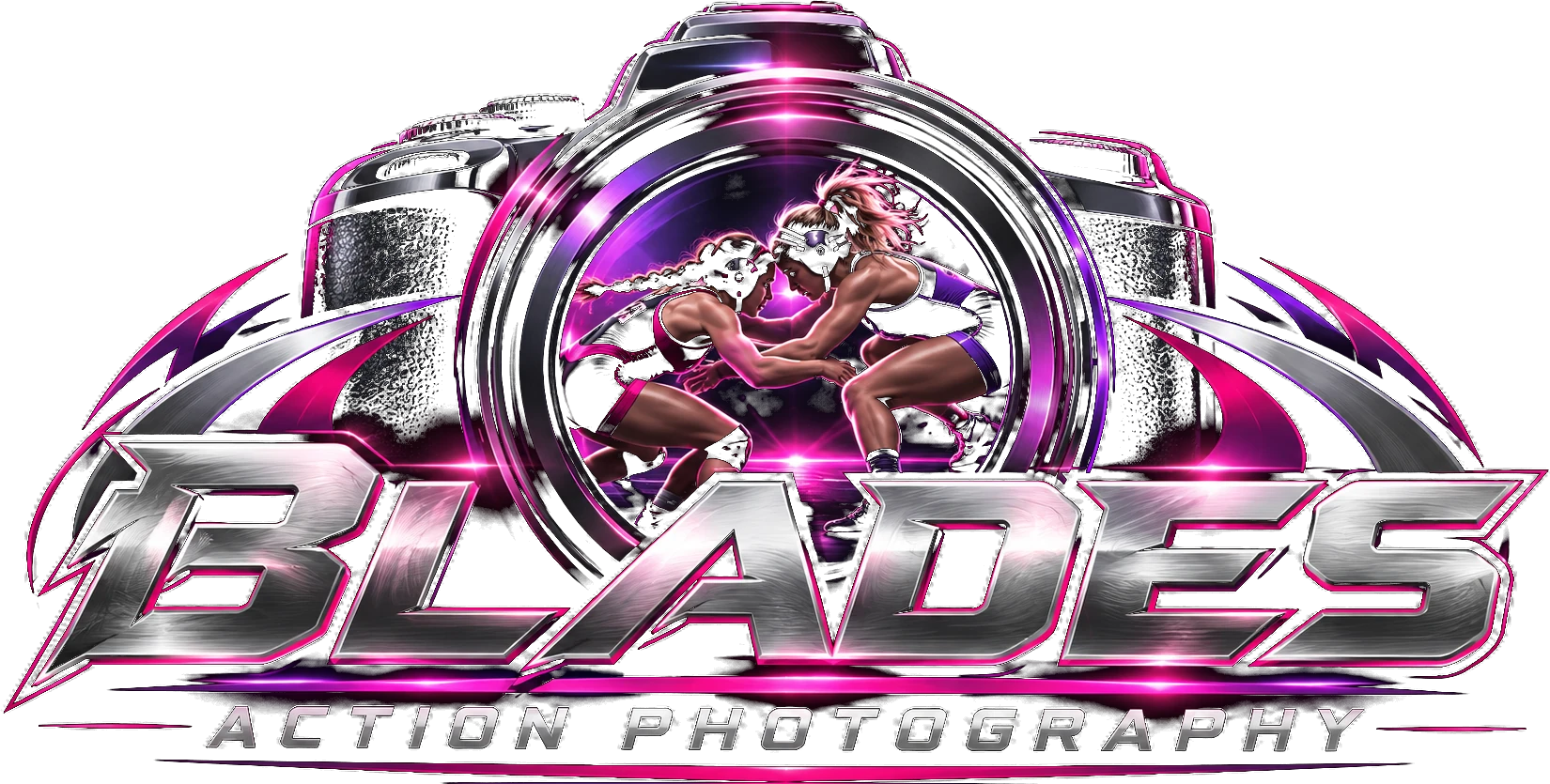 Blades Action Photography metallic silver, magenta and purple logo with two girls wrestling inside a camera lens
